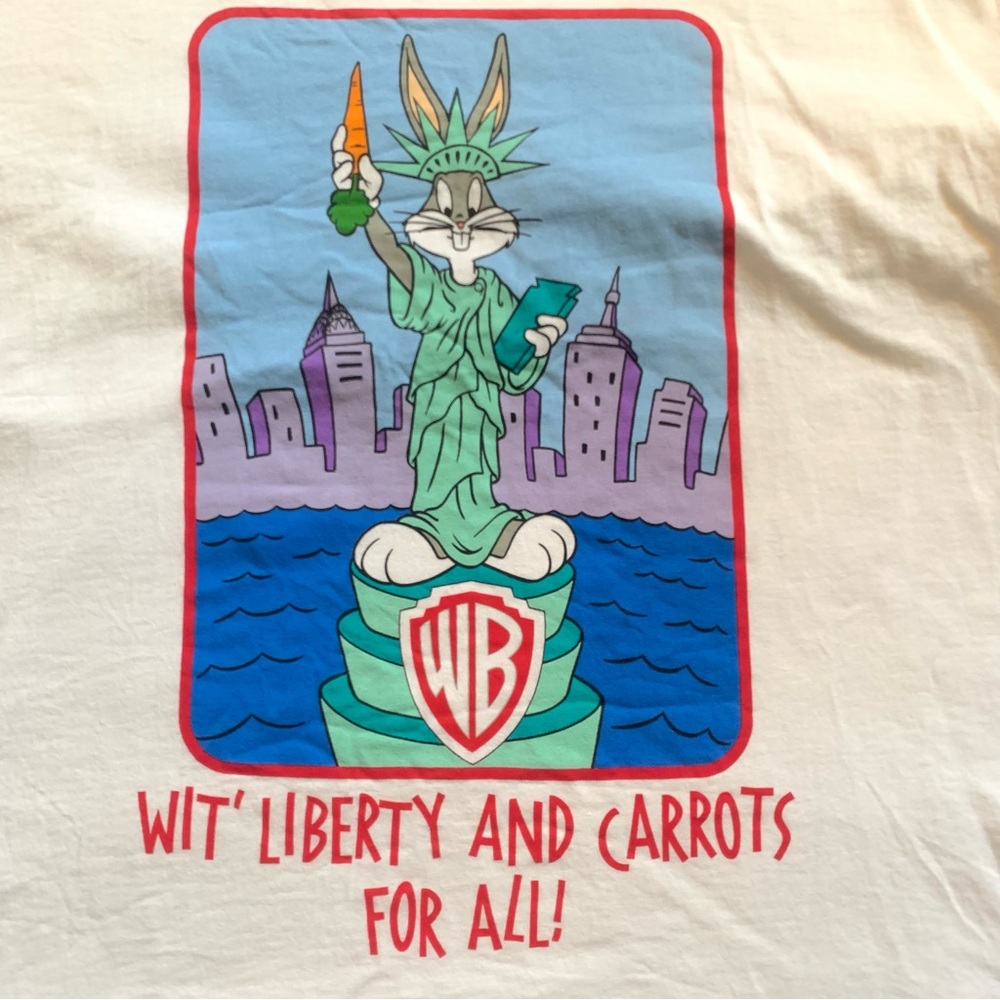 Vintage 90s Bugs Bunny Statue of Liberty Wit Liberty & Carrots WB Graphic Tee L - Picture 2 of 5